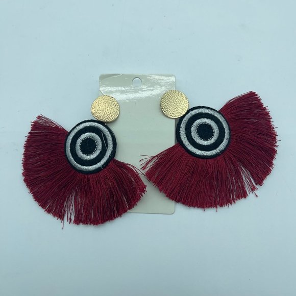 Tassel Earrings Red Black Embroidered Circles - Picture 6 of 6